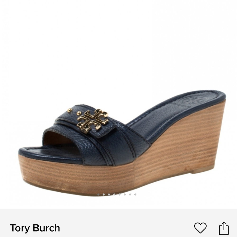 Tory Burch Patti Wedge Navy Blue Leather & Wood Gold hardware size 7.5